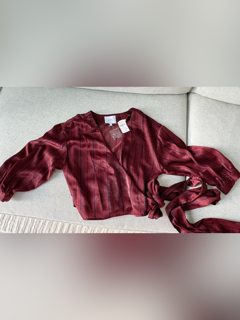J.O.A. Burgundy Red Striped Satin Crop Top with Front Tie